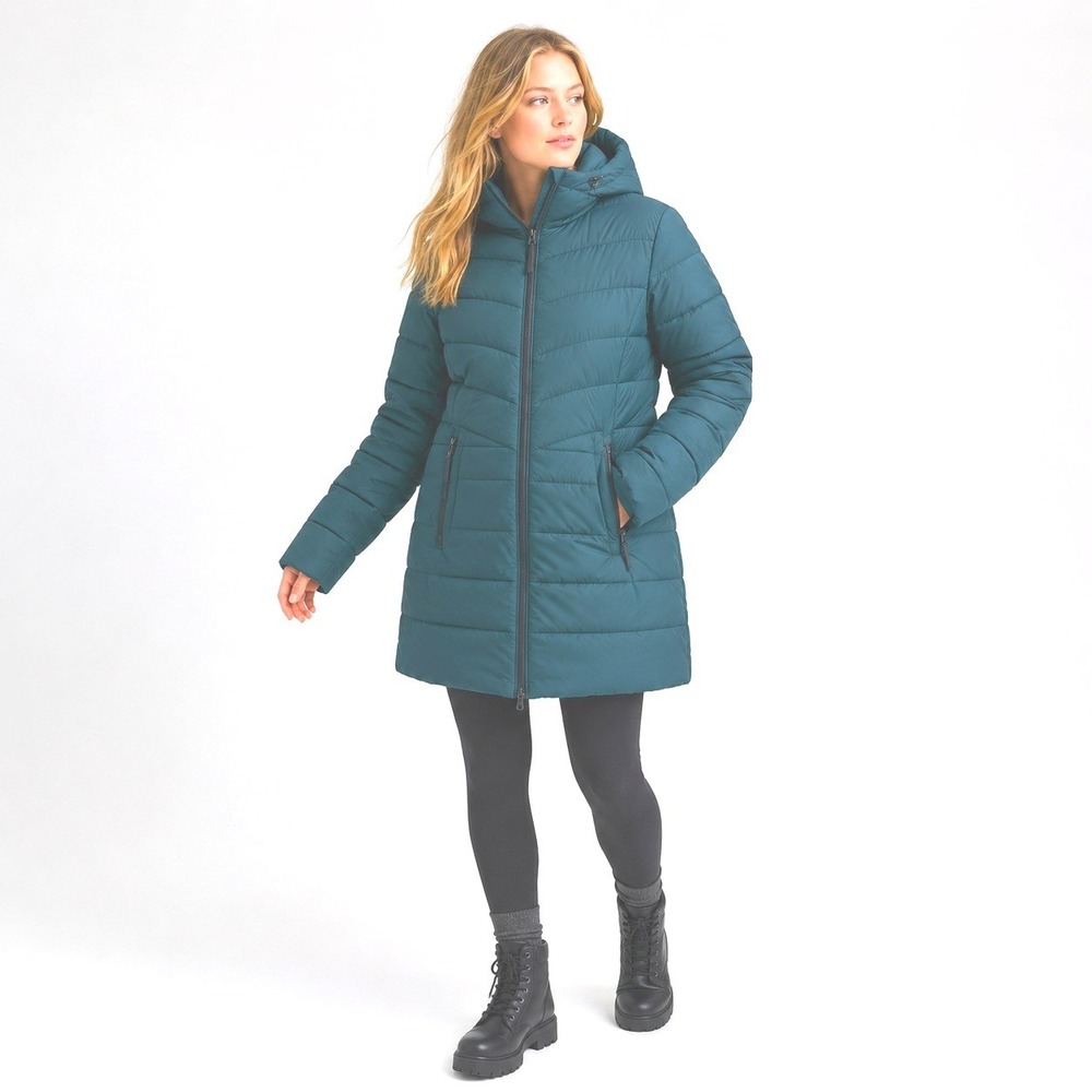 Nuage Hooded Puffer Parka Jacket Womens Size Medium Teal Blue Quilted Full Zip